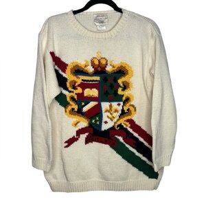 VTG Y2K Preppy Old Money Intarsia Hand Knit Off White Sweater Size Medium
